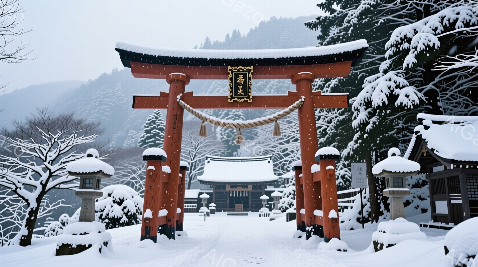 鮮やかな朱色の鳥居が雪景色の中に堂々と立っており、背景には伝統的な屋根の寺院が見えます。雪は木々や建物を覆い、静寂で厳かな冬の雰囲気を醸し出しています。鳥居の奥には、雪に覆われた自然が広がり、荘厳な景 - AI生成フリー素材