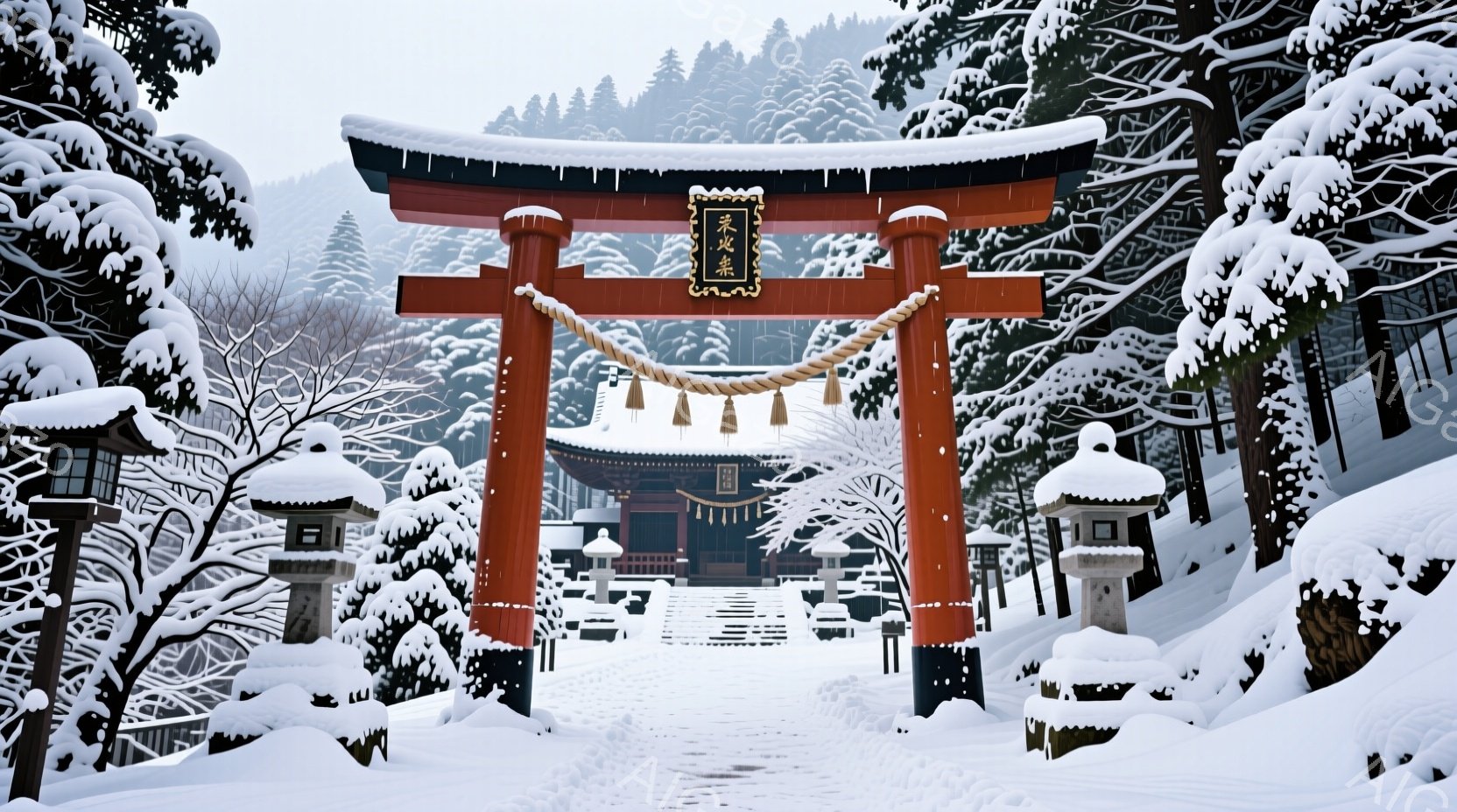 雪深い山中に、朱色の鳥居がそびえ立ち、神社の参道へと続く様子が描かれています。両脇には雪を被った石灯籠が立ち並び、奥には本殿が見え、厳かで静謐な雰囲気を醸し出しています。あたり一面が雪景色で、冬の寒さ - AI生成フリー素材