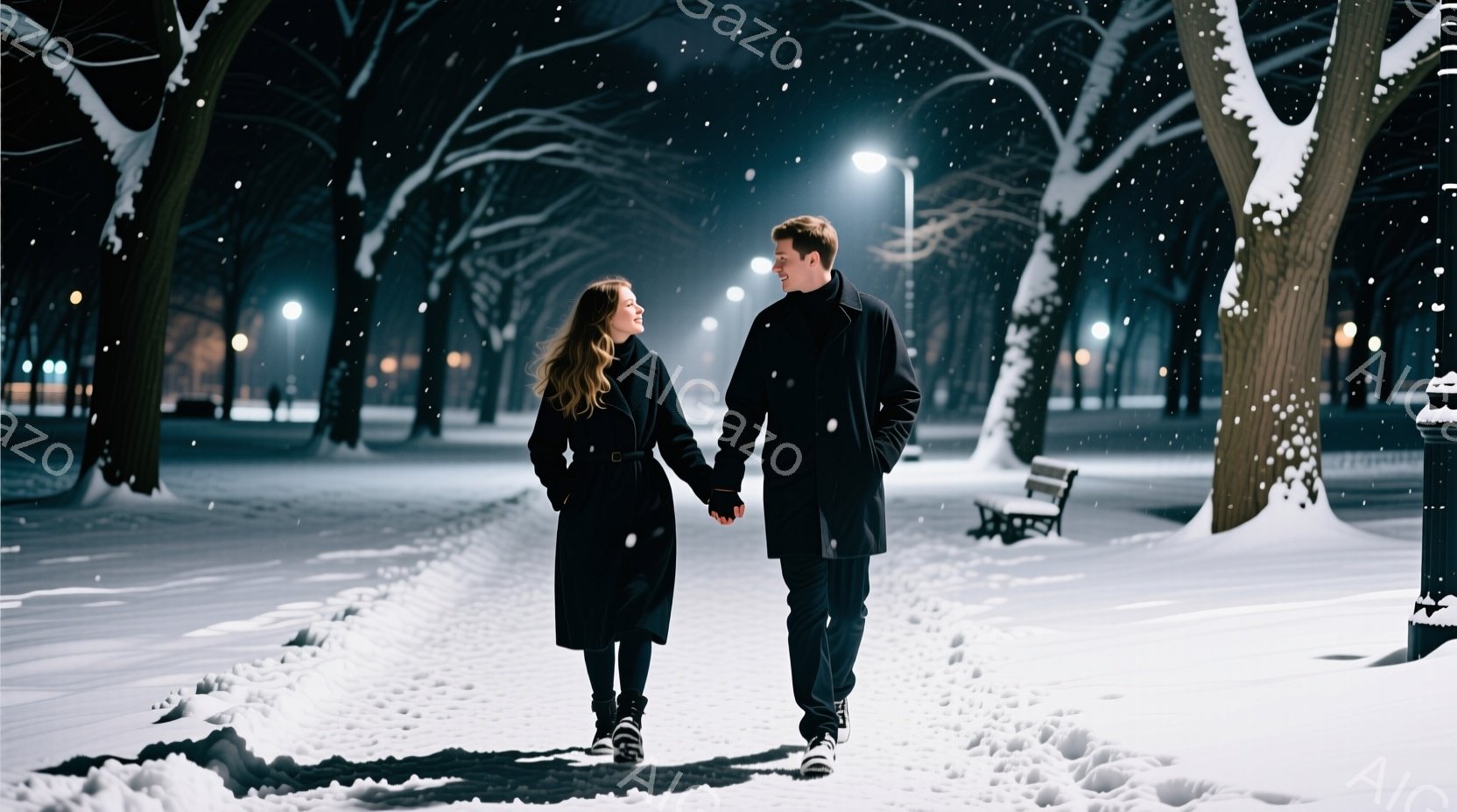 雪が舞う夜の公園を、コートを着た男女が手をつないで歩いている。女性は長い茶髪で、少し顔を上げて微笑んでいる。男性は黒いコートを着ており、女性の方を見て穏やかな表情をしている。 - AI生成フリー素材