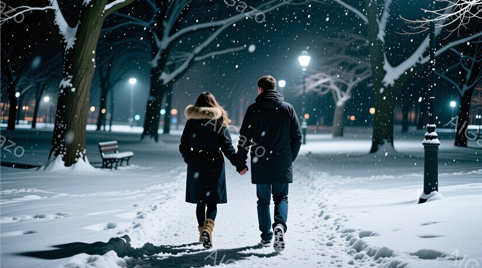 雪の降る夜、一対の男女が手をつないで雪道を歩いている。女性はファー付きのロングコートとブーツを履き、男性はダークカラーのコートとジーンズ姿で、二人は背中を見せながら並んで歩いている。背景には、雪に覆われた木々と、ぼんやりと光る街灯が並び、ロマンチックで静謐な雰囲気を醸し出している。