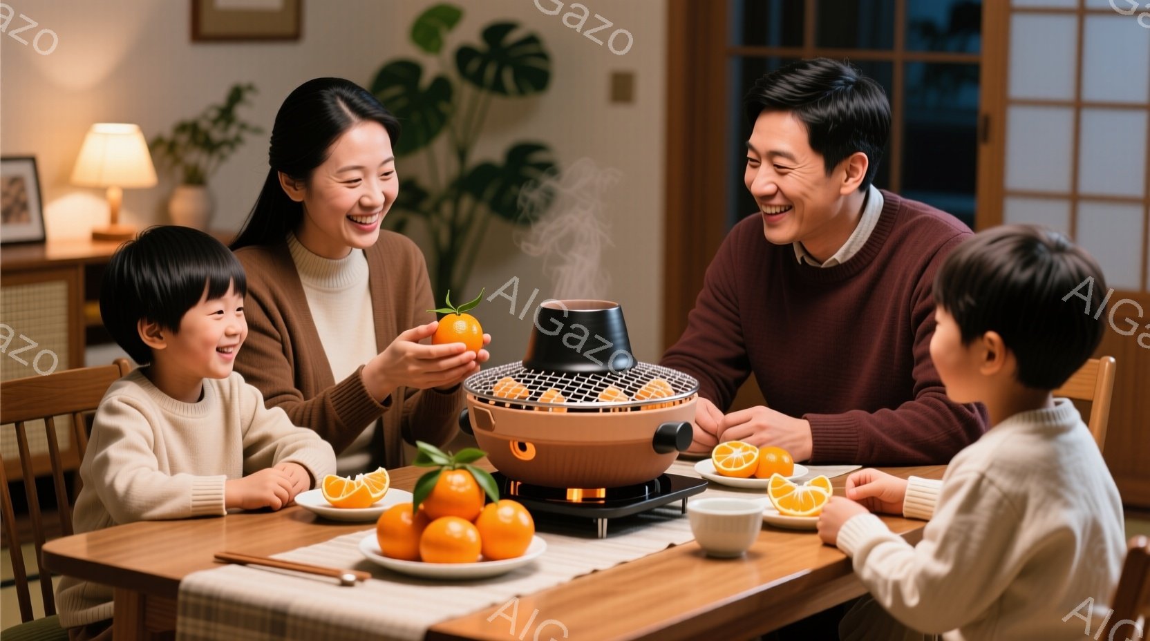 温かい光に照らされた食卓を囲み、笑顔の家族が鍋料理を楽しんでいる様子が描かれています。母親はオレンジ色の果物を手に持ち、嬉しそうに微笑み、父親とそれぞれの子どもたちは鍋を囲んで座っています。背景には植 - AI生成フリー素材