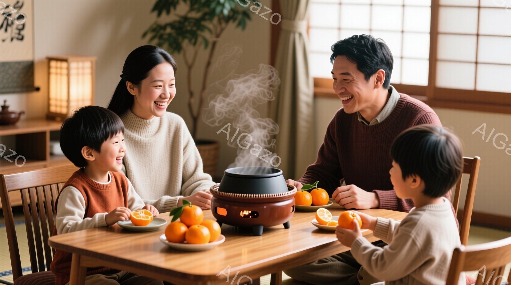 暖かい光に包まれた室内で、家族が食卓を囲んでいる様子が写っている。母親は微笑みながら何かを話しかけており、父親と子供たちは楽しそうにオレンジを手にしている。背景には畳の部屋、木製のキャビネット、そして緑の植物が見え、穏やかで心地よい雰囲気を醸し出している。