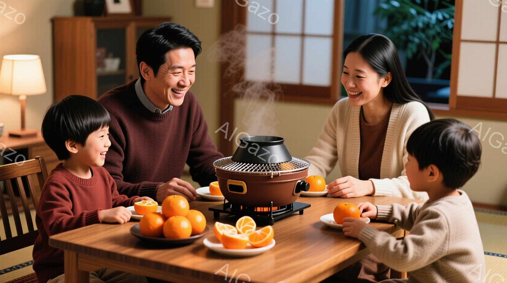 家族が食卓を囲んで、温かい時間を過ごしている様子が描かれています。両親は笑顔で子供たちを見つめ、子供たちも楽しそうに笑っています。食卓の中央には温かい鍋があり、オレンジがいくつか置かれており、暖かく家庭的な雰囲気が漂っています。
