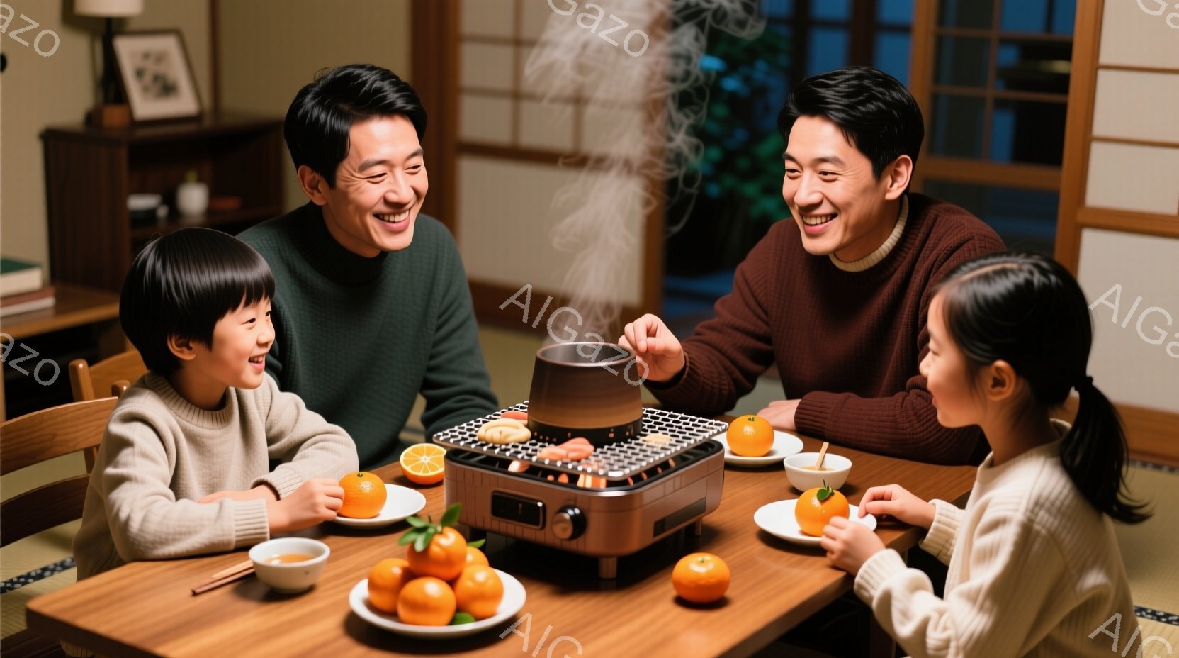 暖炉の周りに座って食事をしている家族の姿が描かれています。父親は笑顔で何かを焼いており、子供たちは楽しそうにしています。背景には木製の家具があり、温かく家庭的な雰囲気が漂っています。 - AI生成フリー素材