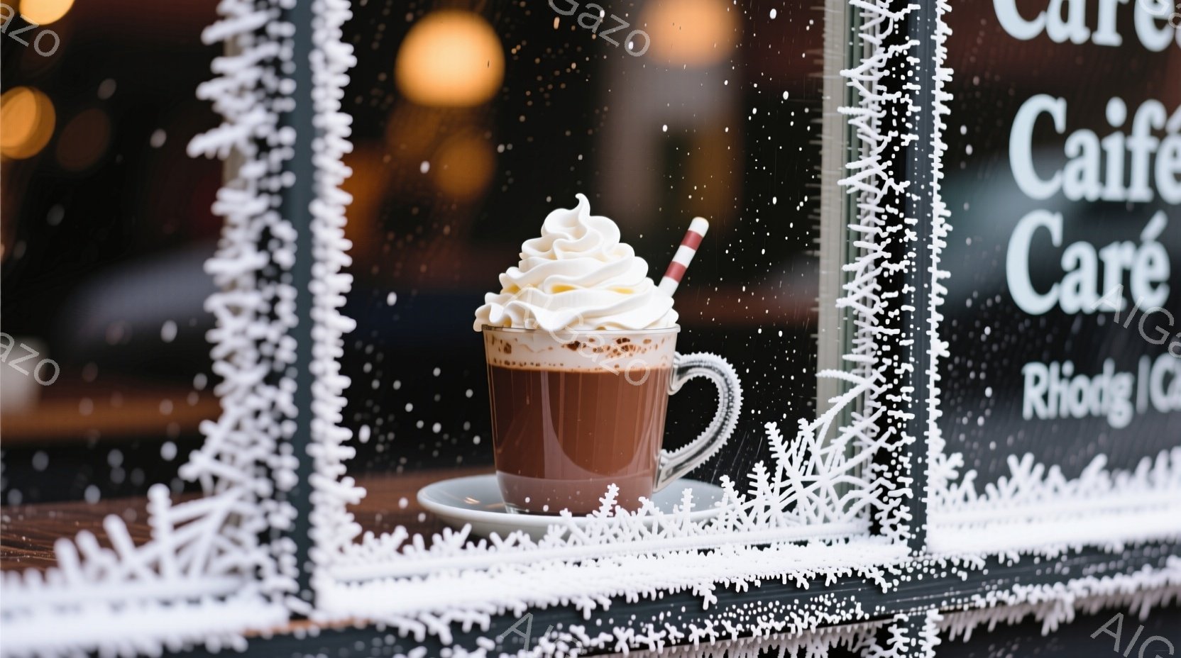 チョコレートドリンクが一杯のカップに入り、たっぷりのホイップクリームとチョコレートソースで飾られています。背景には雪の結晶が描かれたガラス窓があり、全体的に暖かく、冬の雰囲気を感じさせる静かなシーンです。カフェの看板の一部が見え、暖かい飲み物を楽しむための誘いとなっています。