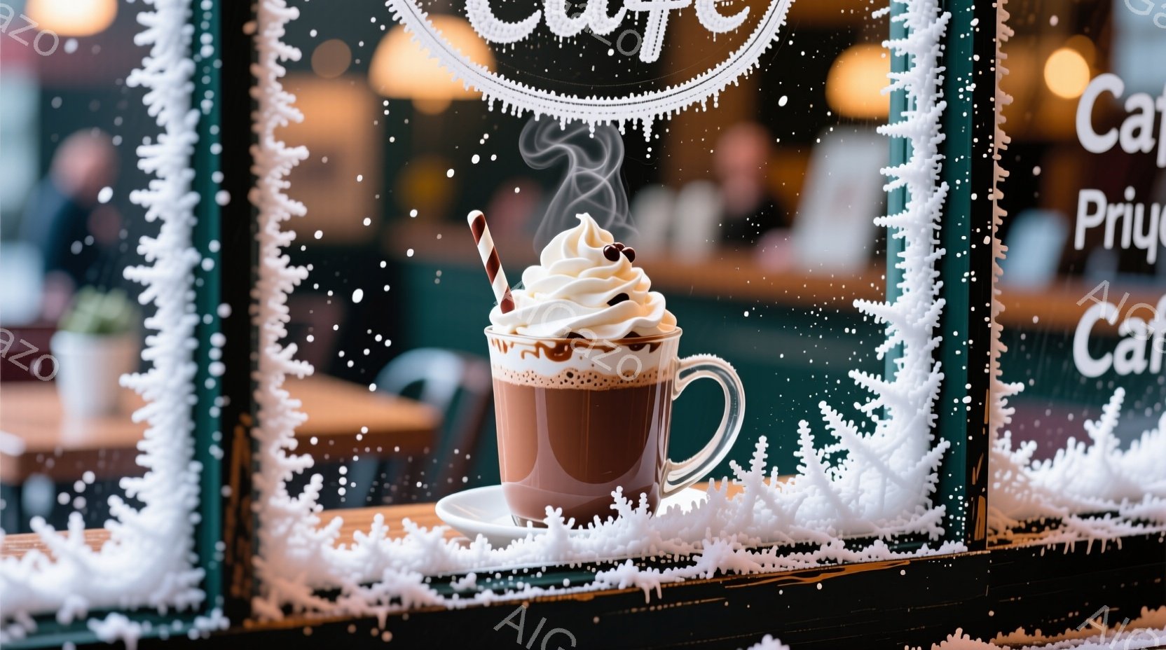 チョコレートドリンクが窓辺に飾られた白い装飾で囲まれた白いソーサーに乗って描かれています。ドリンクの上には、ホイップクリームとチョコレートソースがトッピングされており、湯気が立ち上っています。背景には - AI生成フリー素材