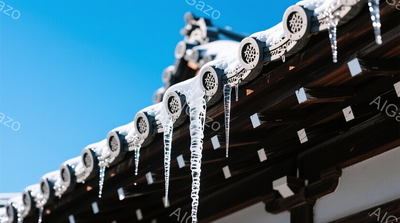 伝統的な日本の屋根にぶら下がる氷のつららの様子を捉えています。漆黒の屋根瓦と白く輝く氷のコントラストが美しく、冬の凛とした空気が漂います。背景には澄み切った青空が広がり、氷の透明感が際立っています。