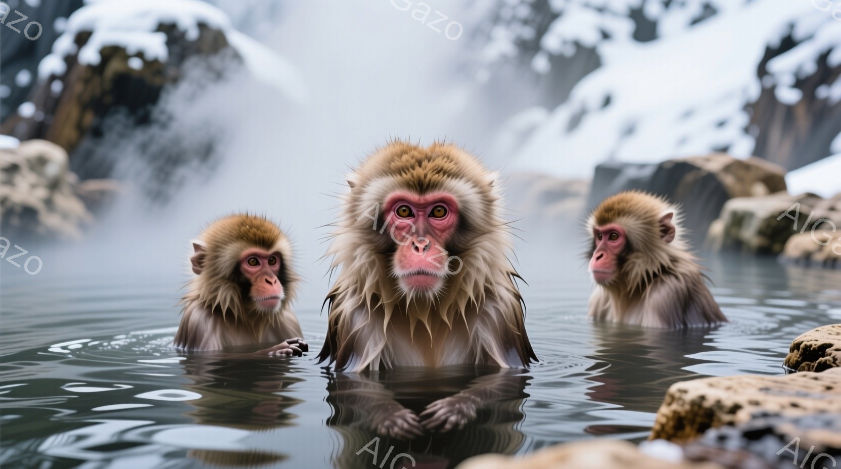 温泉に浸かっている３匹のニホンザルが写っています。中央のサルは少し顔を上げ、穏やかな表情でカメラを見ていますが、他の２匹はうつむき加減で、温泉を楽しんでいる様子です。背景には岩場と湯気が立ち込め、冬の自然の中でリラックスした雰囲気が漂っています。