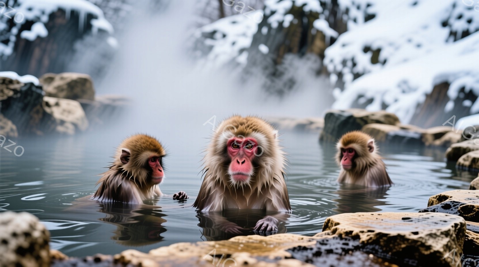 雪がたまった山中の温泉地にある石の池で、3つのハナコリガミ（もともとは猿）が浸かっている場景を表しています。 1. 人物の服装・髪型・表情：彼らは霧の中にあるため、詳細な服装や髪型に関する描写はできませんが、おそらくは毛を濡れているようです。彼らは水に入っているので、表情は興奮や喜びのようなものが印象的です。 2. 動作や姿勢：ハナコリガミたちは手を用いて体を浸しており、水面には覆われるほど霧が立っています。そのため、彼らは半身や全身を水中に没しています。