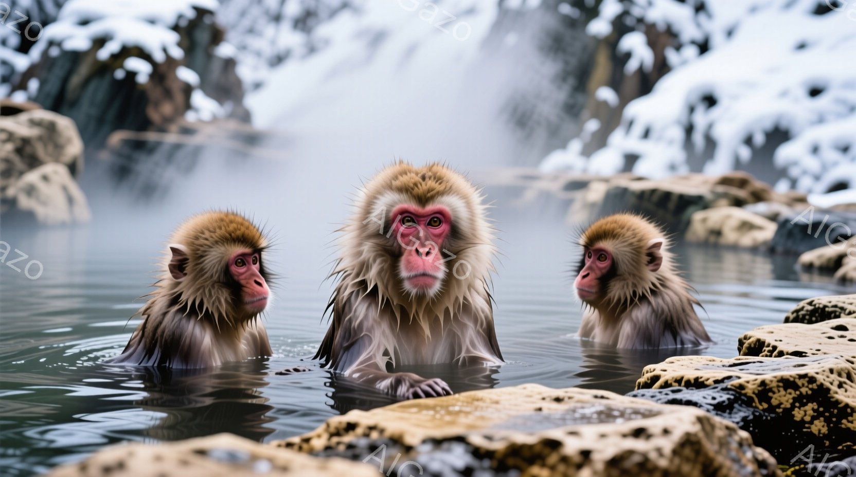三匹のニホンザルが温泉に浸かっている様子が写されている。毛並みは濡れており、表情は穏やかで、どこか物憂げな印象を与える。背景には岩場と湯気が立ち込め、冬の自然の中でリラックスした雰囲気が漂っている。
