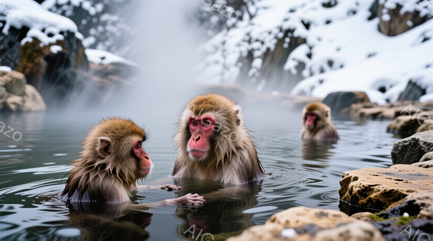 温泉に浸かっているニホンザルが3匹写っています。一番手前のサルは、他のサルの方をじっと見つめており、少し不安そうな表情をしています。背景は雪景色で、温泉から湯気が立ち上り、冬の寒さと温泉の暖かさが対照的な雰囲気を醸し出しています。