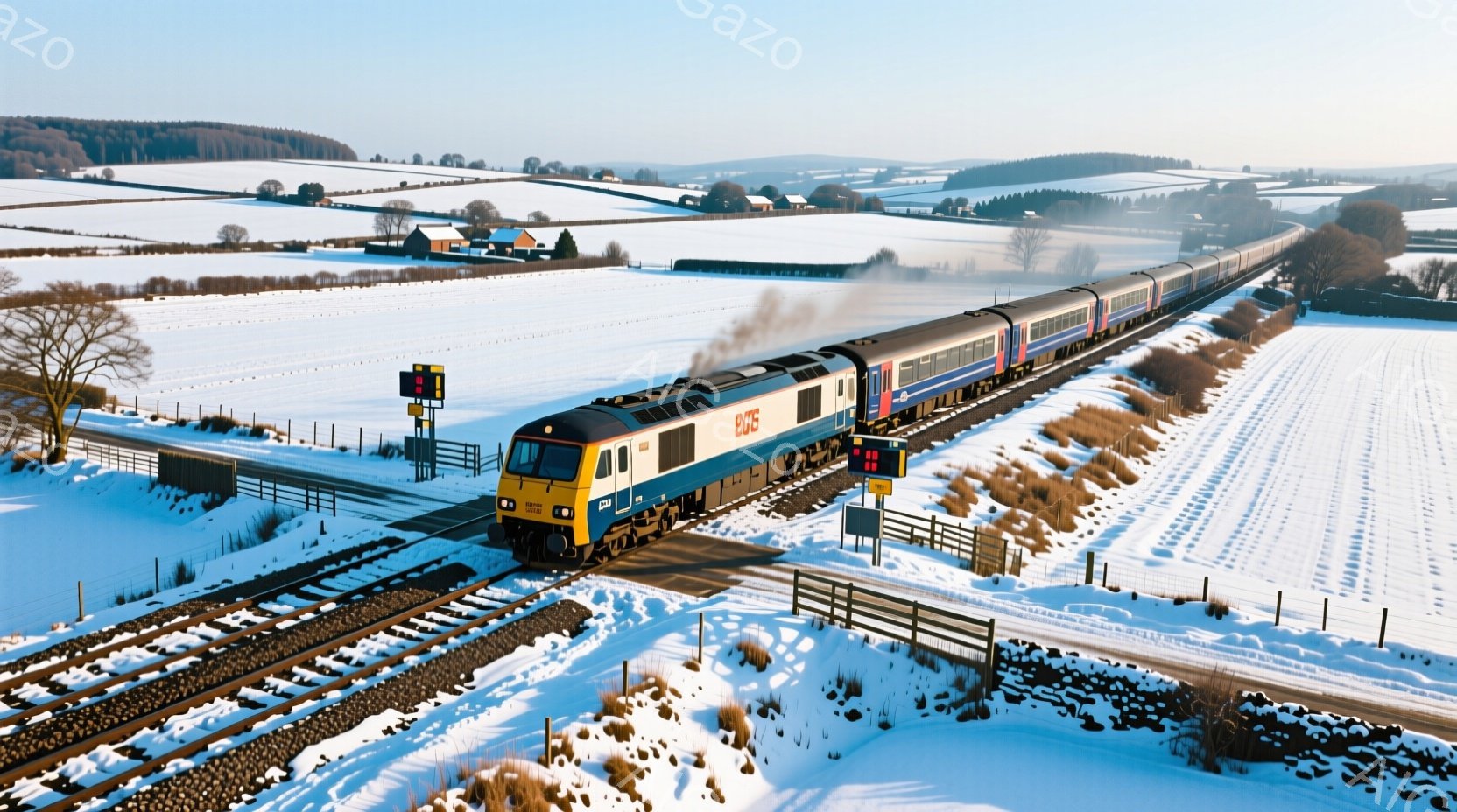 雪に覆われたイギリスの田園地帯を、青と黄色のストライプが特徴的なディーゼル機関車が牽引する列車が疾走している。背景には白い雪景色が広がり、遠くには建家が見えるが、全体的に静かで冬の厳しさを感じさせる。機関車からは白い蒸気が立ち上り、寒さの中を走る列車の様子が印象的である。