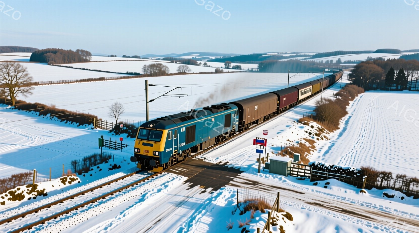 鮮やかな青色の大型ディーゼル機関車が、雪に覆われた農地を走る様子が捉えられています。機関車の背後には、多数の貨物車が連結され、白銀の世界に黒い帯が引き伸ばされています。背景には緩やかな丘陵が広がり、冬の寒さと静けさが漂う、力強い光景です。