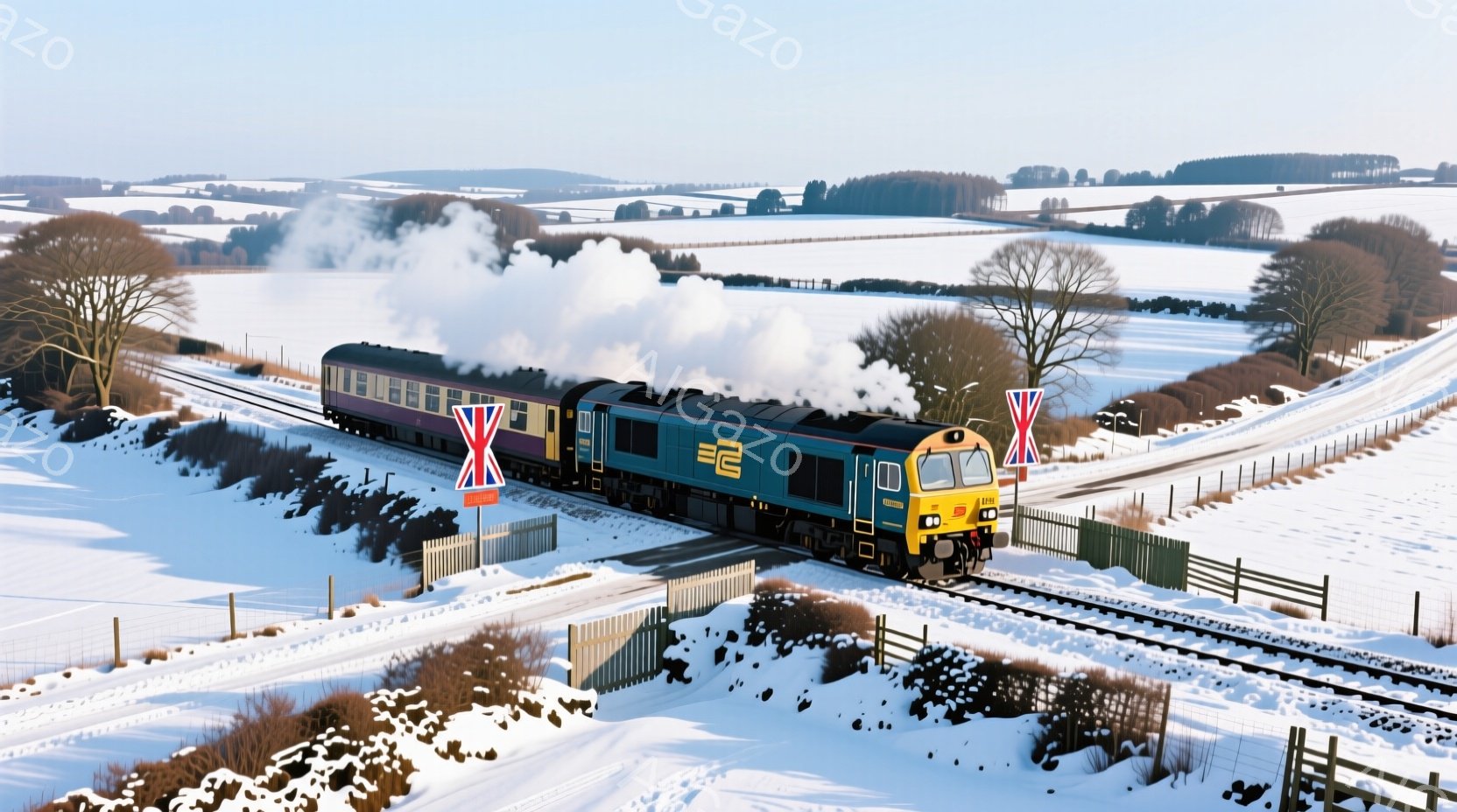 画像中には人物はありません。背景には雪が覆われた地形と、遠くの山や丘が見られます。沿線の木々は半ば禿げており、気象条件は晴れであり、太陽光が直接当たっています。 この場合、全体の雰囲気は寒さを感じるものとなります。
