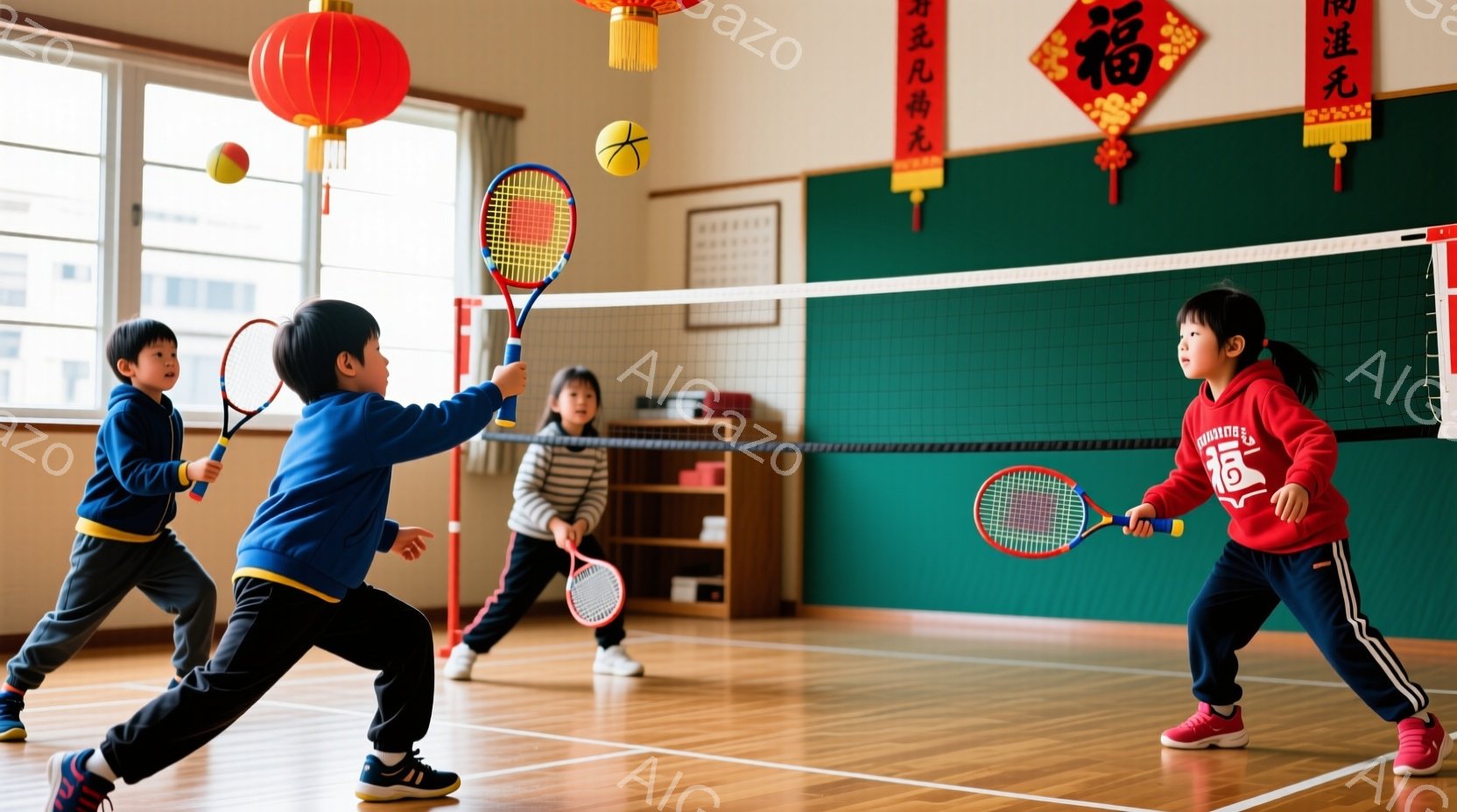 室内でバドミントンをする幼い子供たちが写っています。青いセーターを着た男の子と赤いジャケットを着た女の子がラケットを振りかぶり、バドミントンをする様子が捉えられており、背景には別の子供が立っています。 - AI生成フリー素材