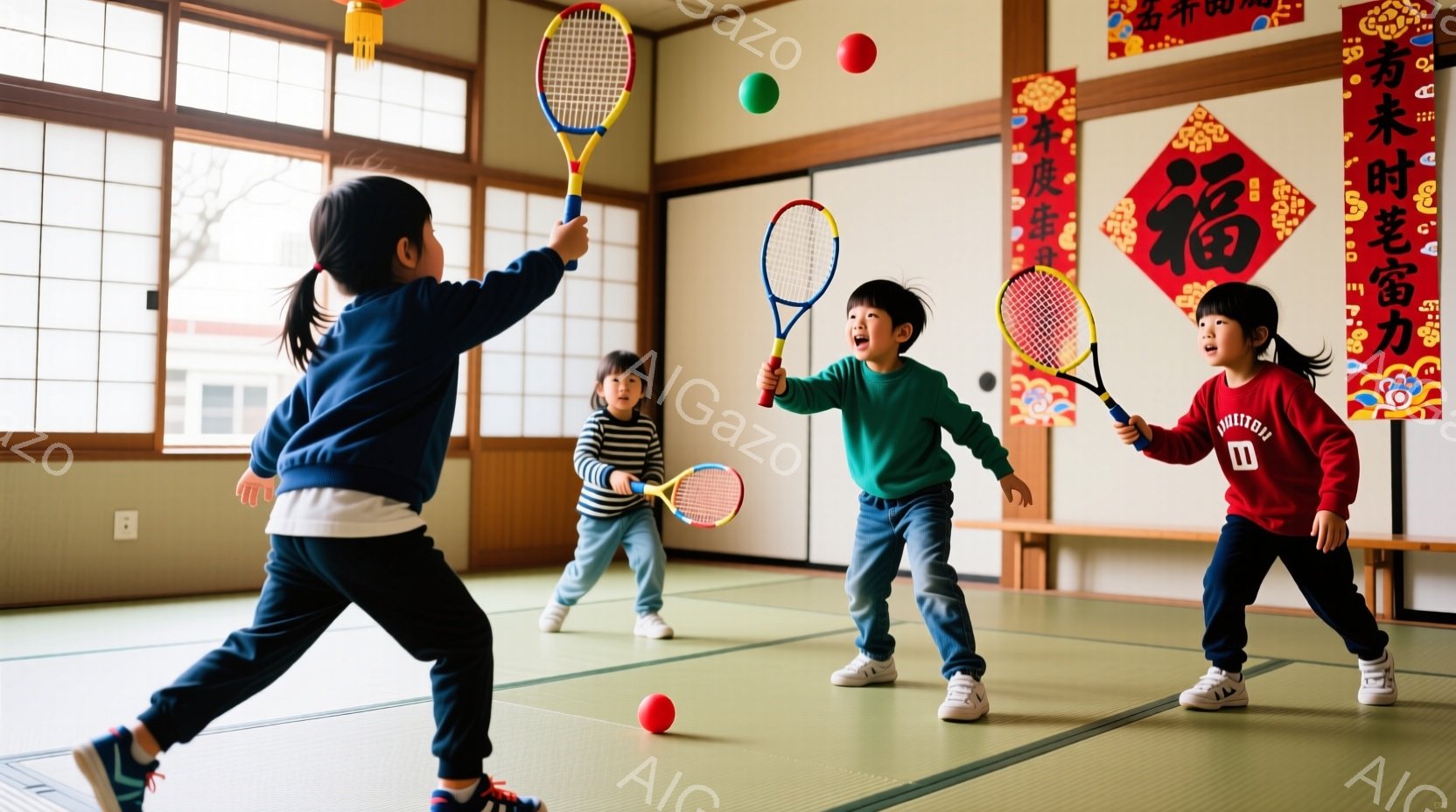 畳の部屋で、三人の幼い子供たちがテニスボールとラケットを使って遊んでいます。子供たちはそれぞれ動きのあるポーズで、楽しそうな表情を浮かべており、赤い髪飾りをつけた女の子、ジーンズと白い靴を履いた男の子、赤い服を着た女の子がいます。背景には、新年の飾り付けがされており、明るい日差しが差し込み、暖かく、活気のある雰囲気を醸し出しています。