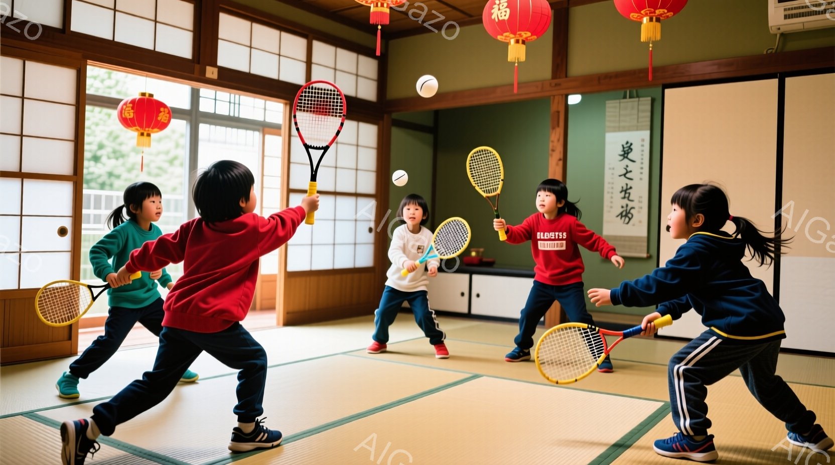 畳の部屋で、幼い子供たちがテニスラケットを持って遊んでいます。赤いジャージを着た子供が複数いて、髪型は短く、集中した表情でテニスボールを打ち返そうとしています。背景には障子と赤い提灯が見え、子供たちが室内で運動を楽しんでいる温かい雰囲気を感じさせます。