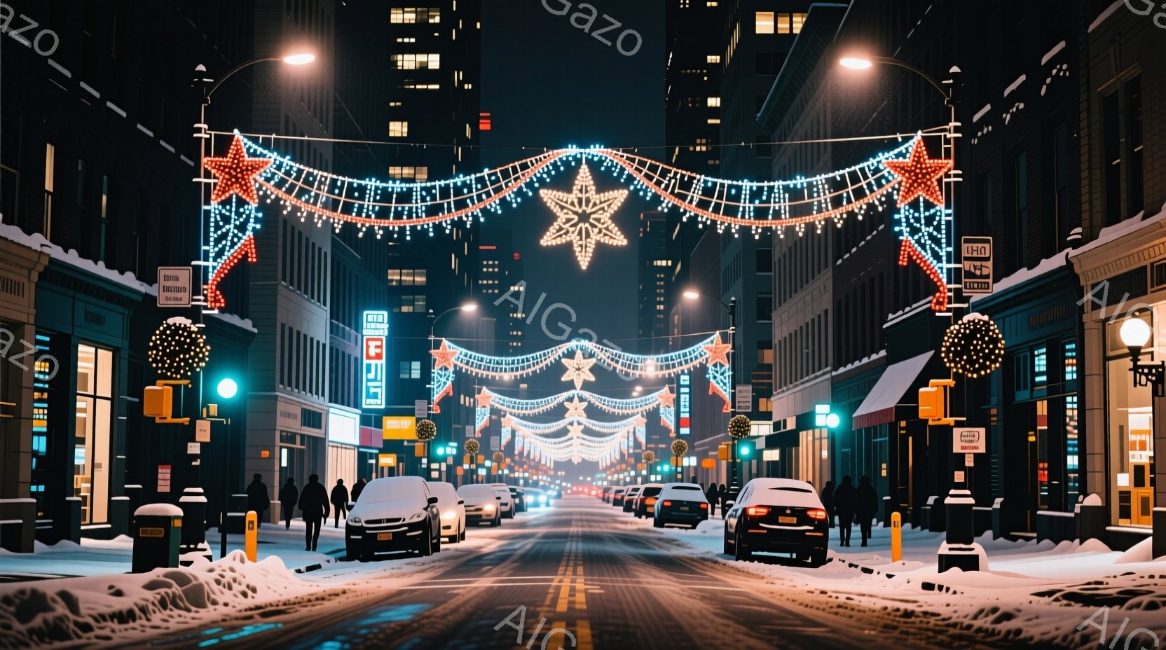 雪が降る夜の街並みで、道路の両側には建物が立ち並び、クリスマスイルミネーションが飾られている。人々は冬の服装で歩いており、顔の表情ははっきりと見えないが、リラックスした様子が伺える。イルミネーションの光が雪に反射し、幻想的で暖かい雰囲気を醸し出している。