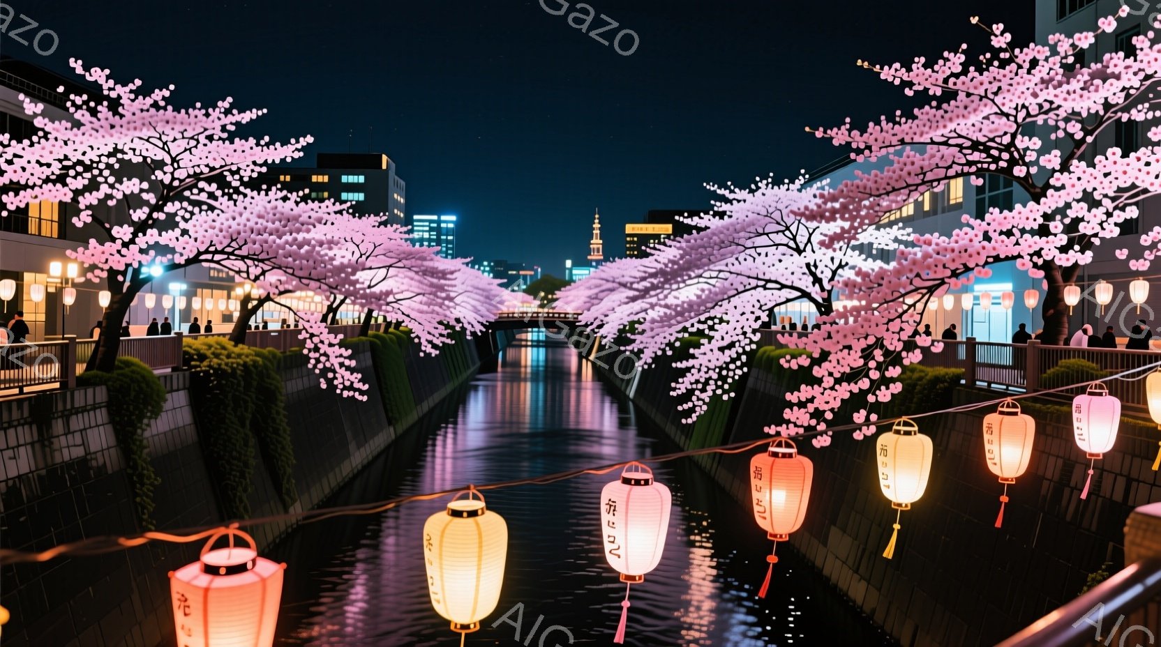 桜並木が続く川沿いの夜景で、提灯が吊るされ幻想的な雰囲気を醸し出している。人々は薄暗い中、川沿いを散歩しており、黒い服装のものが多く、表情ははっきりと見えないが、ゆったりとした様子が伺える。背景にはビ - AI生成フリー素材