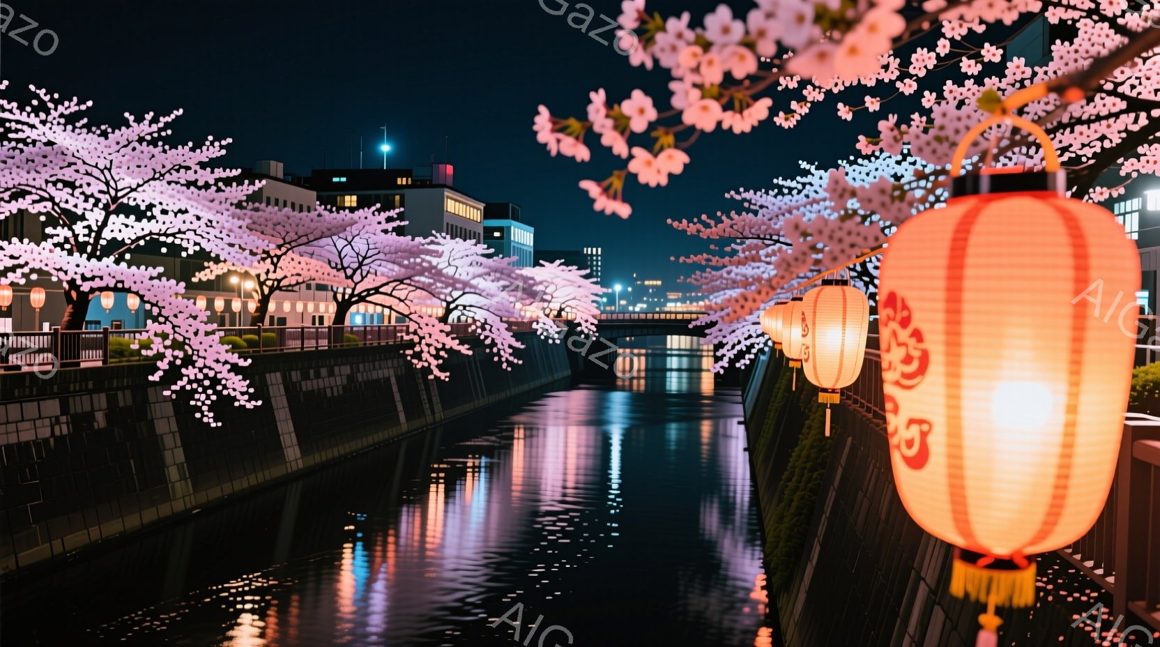 夜の運河沿いに桜が咲き誇り、ピンク色の花びらが水面に反射して幻想的な光景を作り出しています。運河の両側には提灯が並び、暖かく優しい光が夜道を照らし、都会の夜景と自然の美しさが調和した穏やかな雰囲気です。高層ビル群が背景に見え、夜空には星が輝き、日本の春の夜を彷彿とさせます。