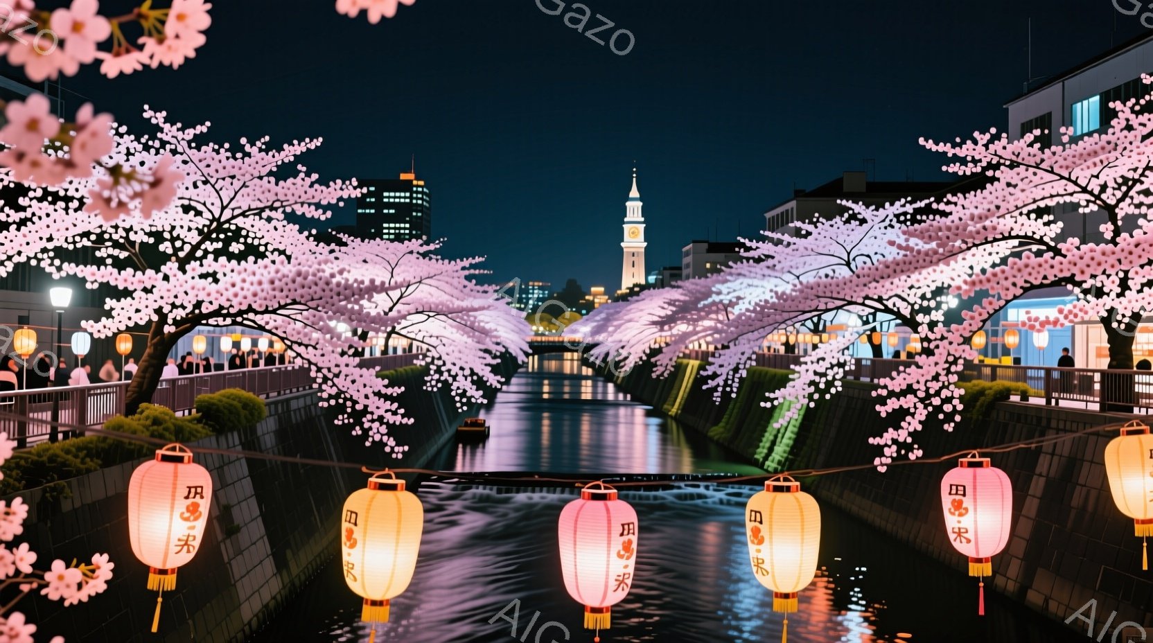 夜の運河の両側に桜が咲き誇り、美しいトンネルのような空間を作り出している。運河沿いには提灯が並び、水面に灯りを映し出し、人々が歩きながら楽しんでいる様子が伺える。背景には近代的な建物と時計台が見え、桜の美しさと都市の活気が調和した幻想的な雰囲気を醸し出している。