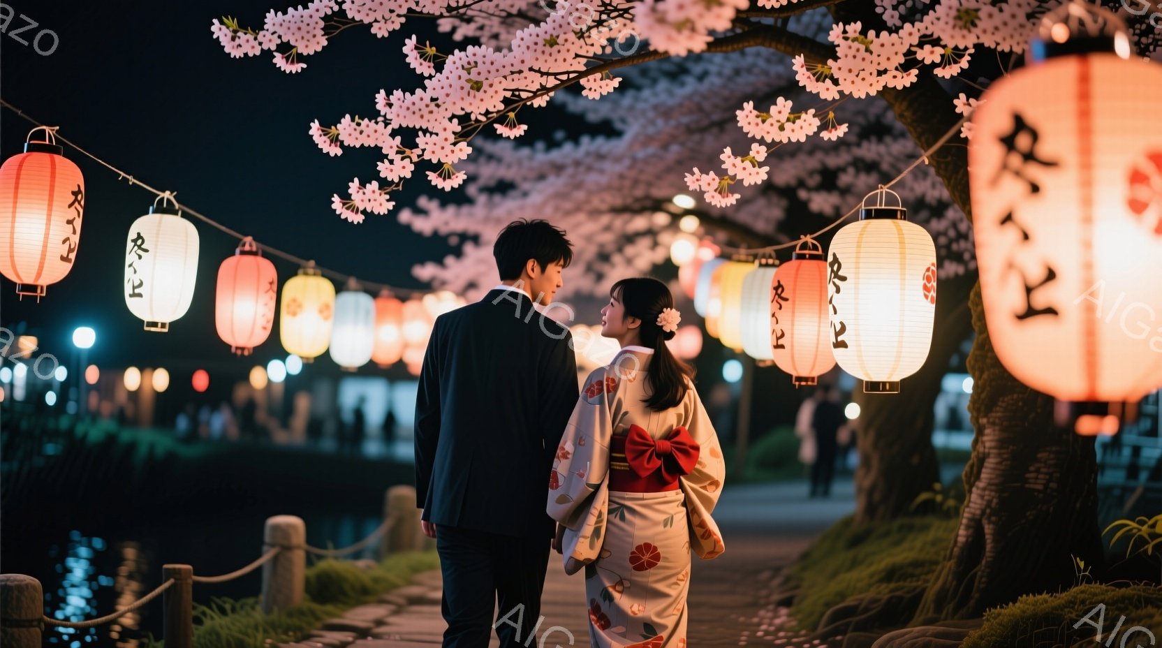 夜の桜並木を背景に、着物姿の女性とスーツ姿の男性が並んで歩いている。女性は白地にピンクの花柄の着物を着ており、髪には花飾りをつけている。桜並木には提灯が飾られ、幻想的な雰囲気を醸し出している。 - AI生成フリー素材