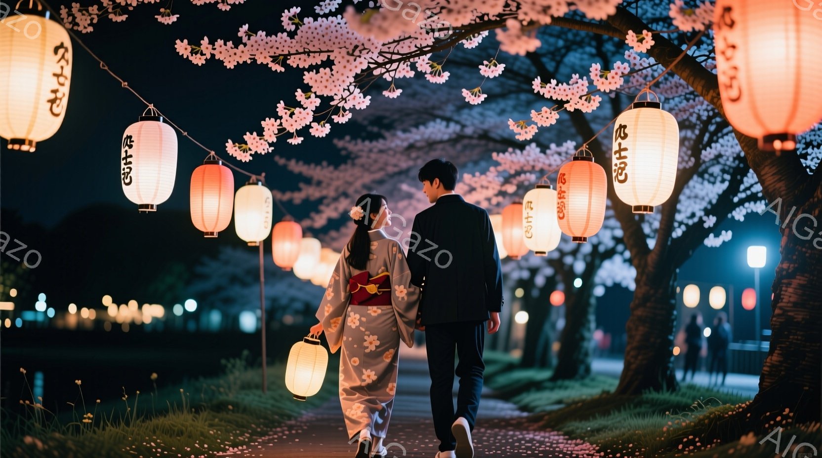 夜の桜並木を、着物姿の女性とスーツ姿の男性が並んで歩いている。女性は白地に淡いピンクの花柄の着物で、明るい色の帯を締めており、髪は後ろでまとめられている。背景には、ぼんやりと見える建物と、夜空を彩る桜の花びらが散りばめられ、幻想的な雰囲気を醸し出している。