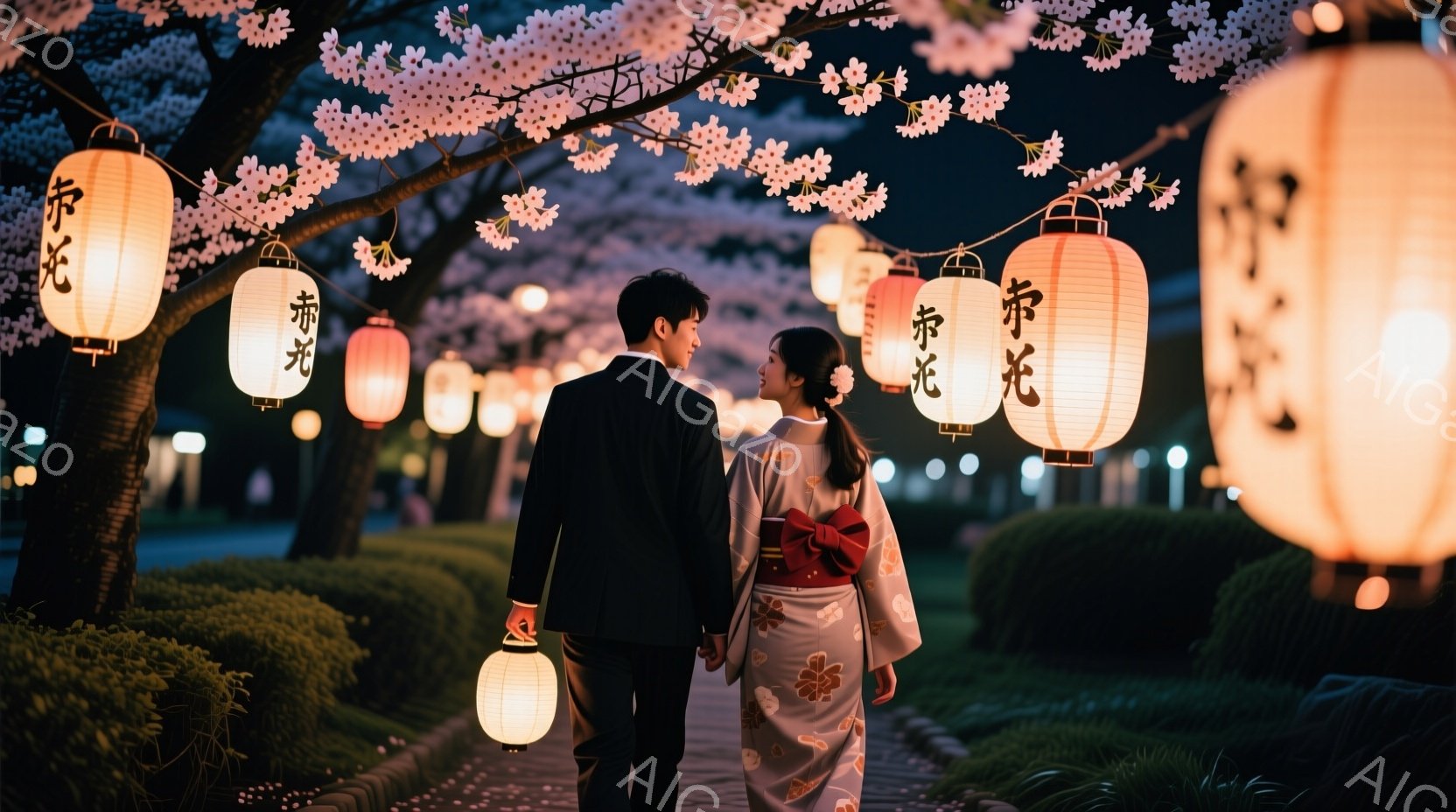 夜の桜並木を、着物とスーツ姿の男女が並んで歩いている。女性は華やかな柄の着物を着て髪を長く垂らし、男性は黒いスーツ姿で少し後ろを歩いている。背景には幻想的な提灯が並び、桜の花びらが舞い散る夜空が二人の - AI生成フリー素材