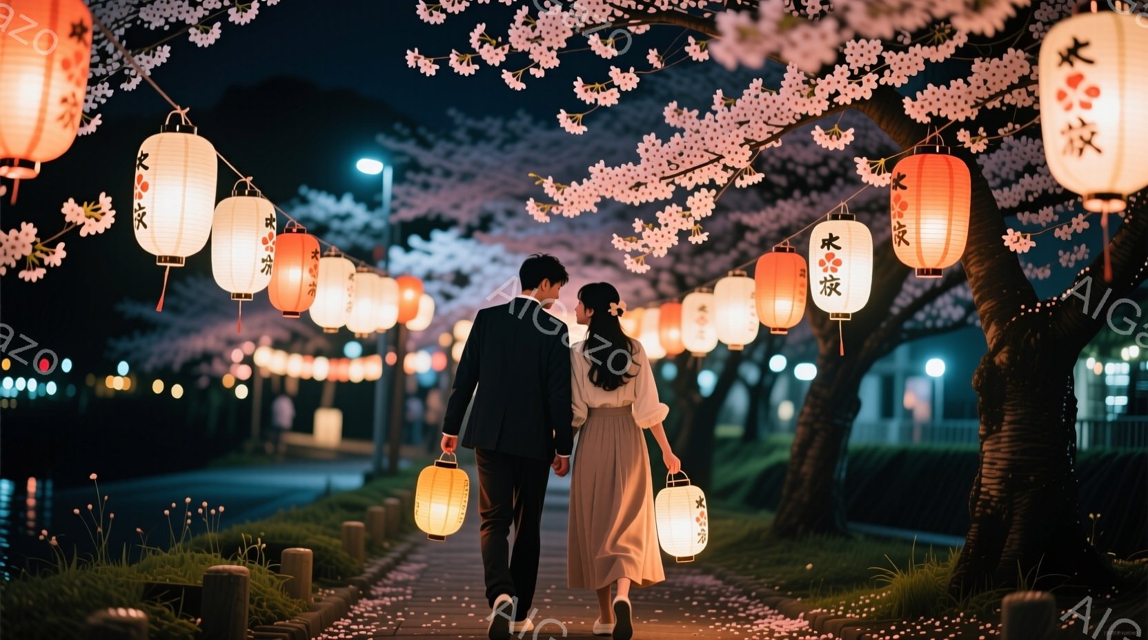 夜の桜並木を、新郎新婦らしき男女が提灯を手に並んで歩いている。新郎は黒いスーツ、新婦はオフホワイトのロングドレスを着ており、桜の花びらが舞う幻想的な雰囲気を醸し出している。背景にはぼやけた街灯と、満開の桜並木が広がり、ロマンチックで温かい空気が漂っている。