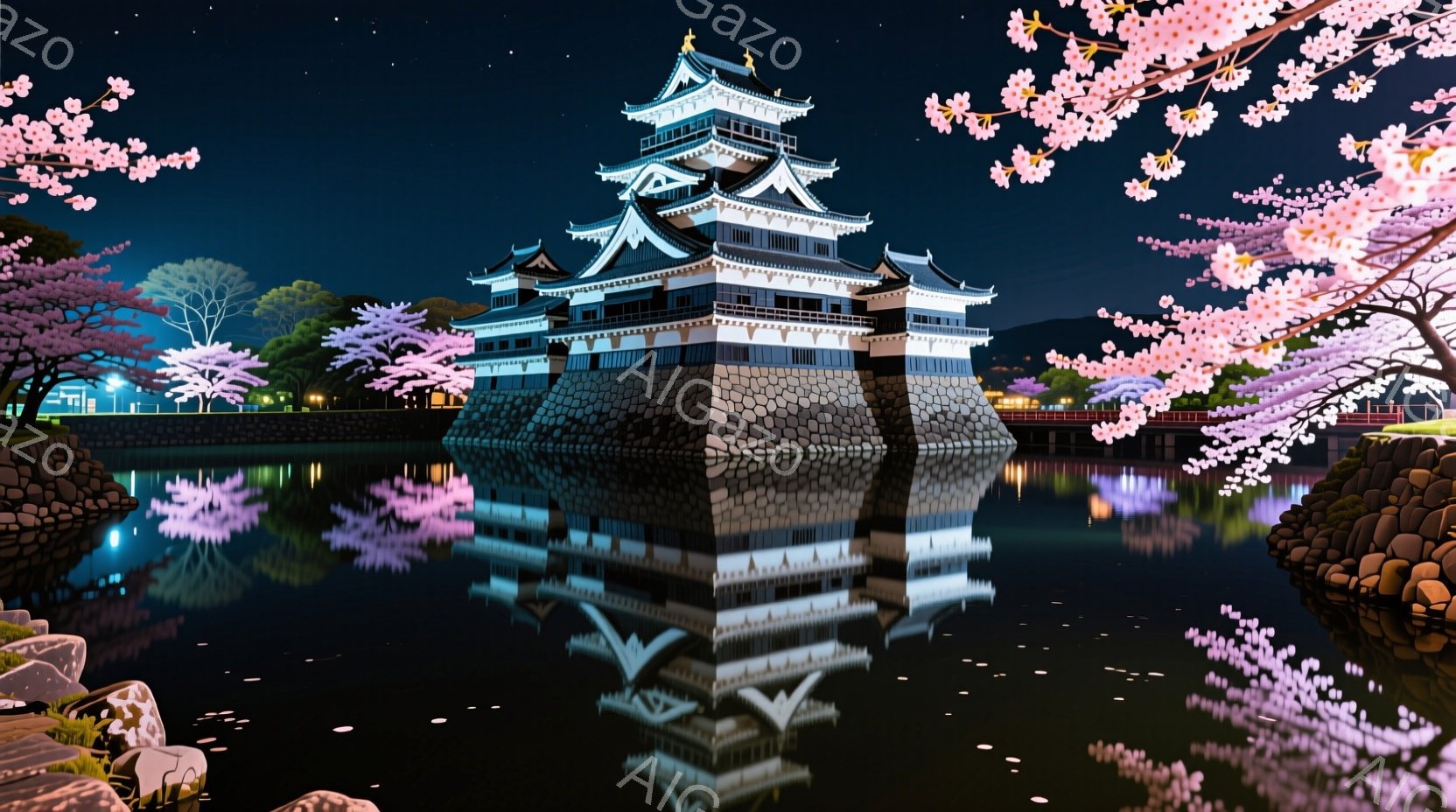 夜の城が穏やかな水面に美しく映り込んでいます。桜の花が咲き誇り、城と水面を優しく彩り、幻想的な雰囲気を醸し出しています。夜空には星が輝き、静寂と美しさが調和した、趣のある情景です。