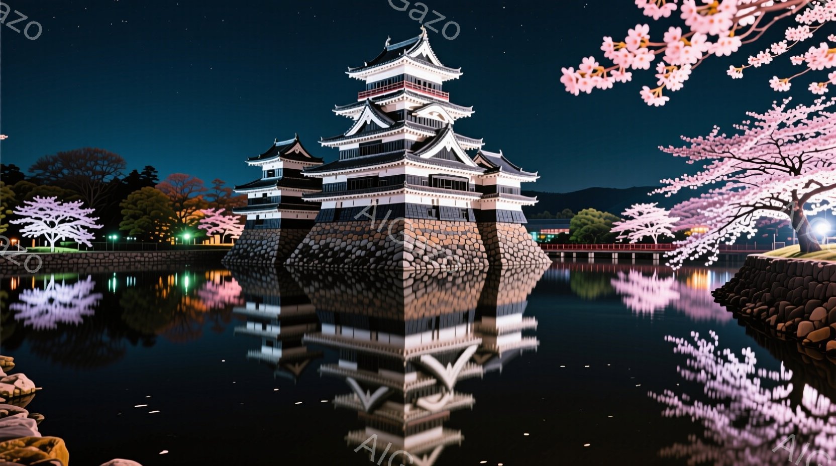 夜空の下、美しい城が水面に映り込み、幻想的な光景を作り出しています。桜の花が咲き誇る木々が城を彩り、水面には桜の花びらが散りばめられています。穏やかな水面と夜空の星が、静かでロマンチックな雰囲気を醸し - AI生成フリー素材