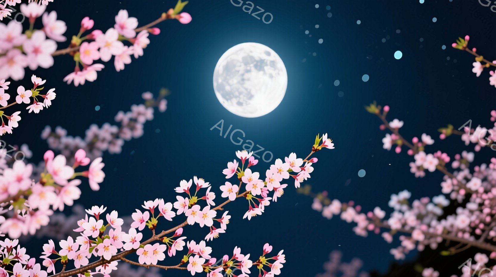 深夜の藍色の空に満月が輝き、周囲をピンク色の桜の花びらが囲んでいます。 桜の枝は画面の左右から伸び出し、月を額縁のように引き立てています。 静かで幻想的な雰囲気で、春の夜の美しさを表現しています。