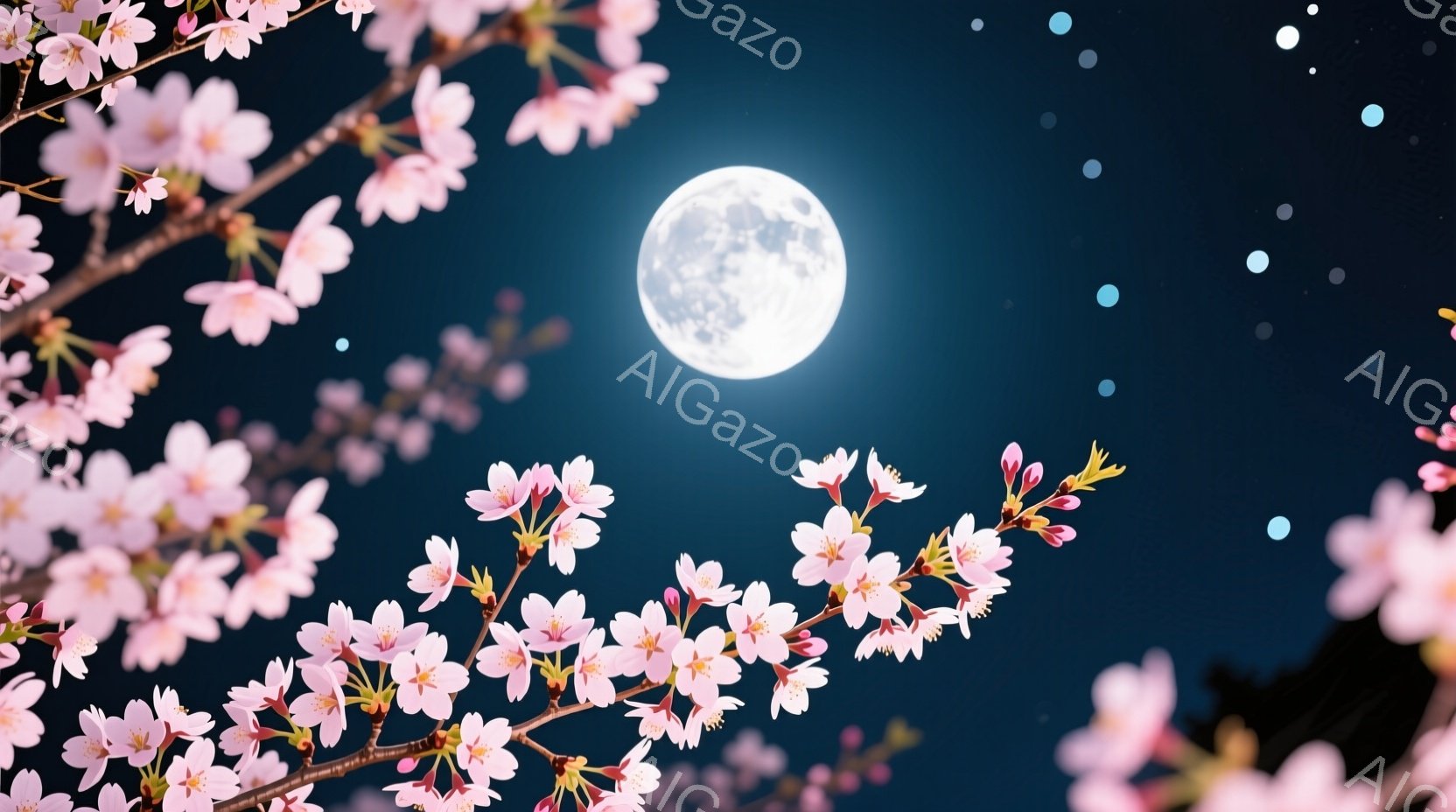 深い紺碧の空に満月が輝き、桜の花びらが咲き誇る様子が描かれています。 桜の枝は画面の周りを囲み、まるで春の夜空を彩る華やかなトンネルのようです。 全体的に幻想的で、静かで穏やかな春の夜の雰囲気を表現しています。