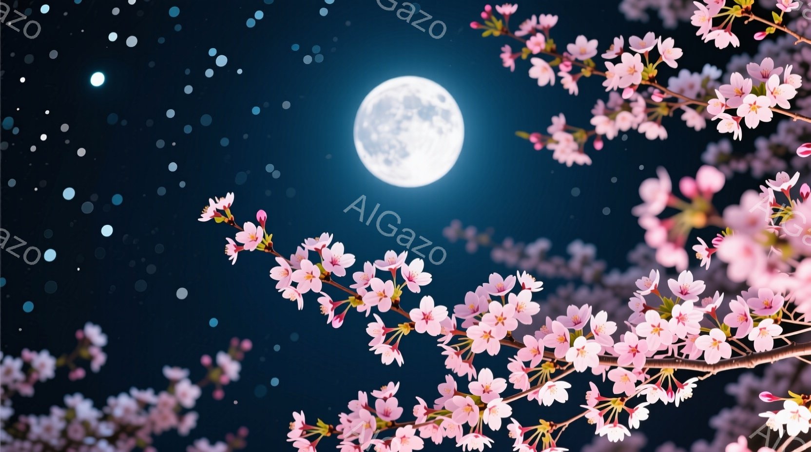 満月が夜空に輝き、桜の花びらが夜風に舞っている様子が描かれている。濃紺の空を背景に、ピンク色の桜が咲き誇り、幻想的な雰囲気を醸し出している。無数の光点が星のようにきらめき、春の夜の静けさと美しさを表現している。