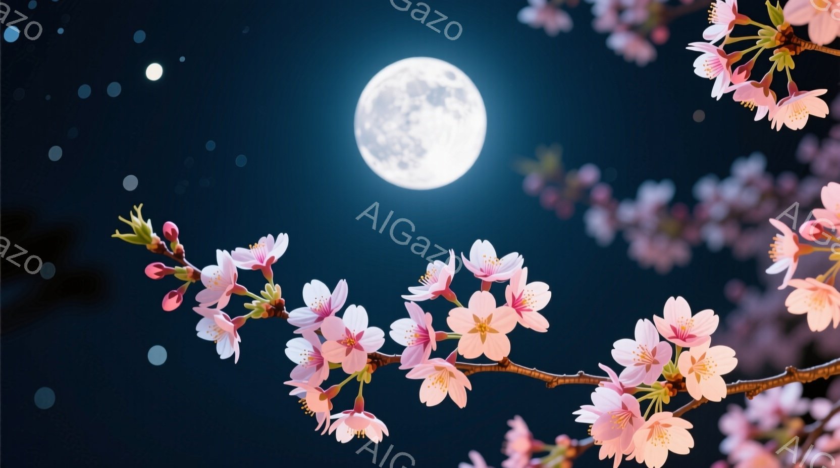 深い青色の夜空を背景に、桜の枝が大きく広がっています。満月が明るく輝き、夜空に散りばめられた星々と共に幻想的な雰囲気を醸し出しています。桜の花びらは淡いピンク色で、春の訪れを感じさせる美しい光景です。 - AI生成フリー素材