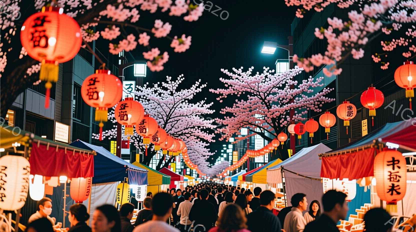 多くの人々が屋台が並ぶ夜の通りを歩いている。桜の装飾が通り全体を彩り、赤い提灯が暖かく光っている。人々はカジュアルな服装で、楽しそうな表情をしているが、詳細な表情までははっきりとは見えない。