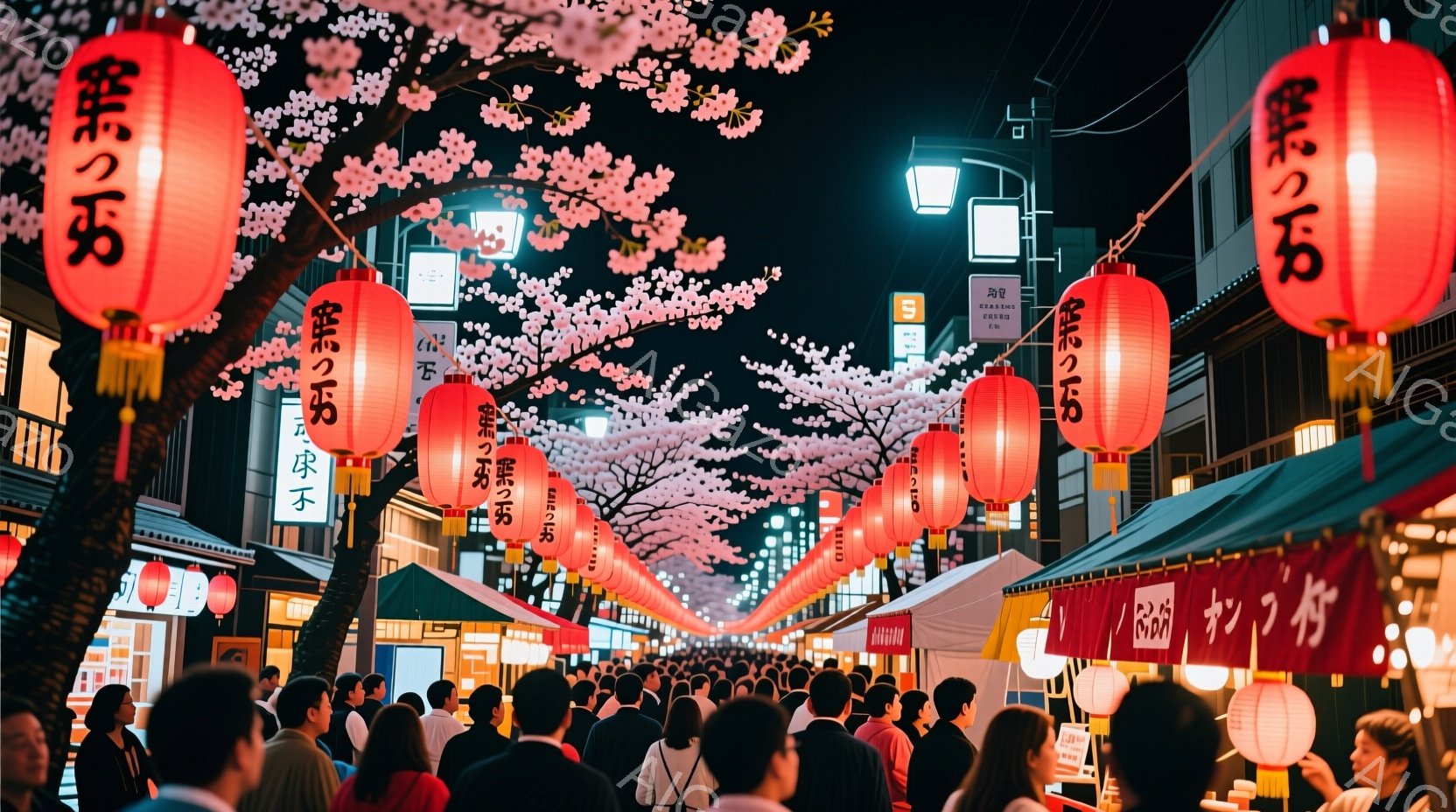 夜の街並みには、多くの人々が密集しており、多くの人がカジュアルな服装で歩いている。建物はネオンサインで飾られ、特に提灯が密集して配置され、夜空を明るく照らしている。背景には桜の木が咲き誇り、春の暖かく - AI生成フリー素材