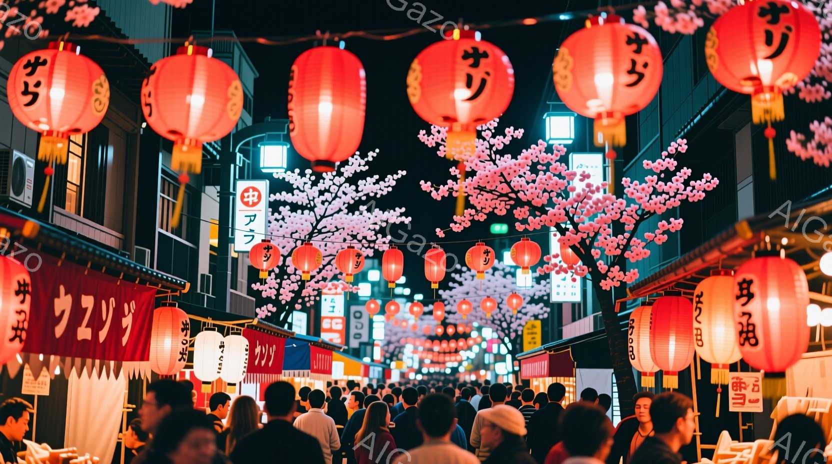 賑やかな夜の商店街で、多くの人々が歩いている様子が描かれている。提灯が空中に飾られ、桜の装飾が春の訪れを感じさせ、活気にあふれた雰囲気が伝わってくる。人々はカジュアルな服装で、楽しそうに歩き、あるいは立ち止まって周囲を眺めている。