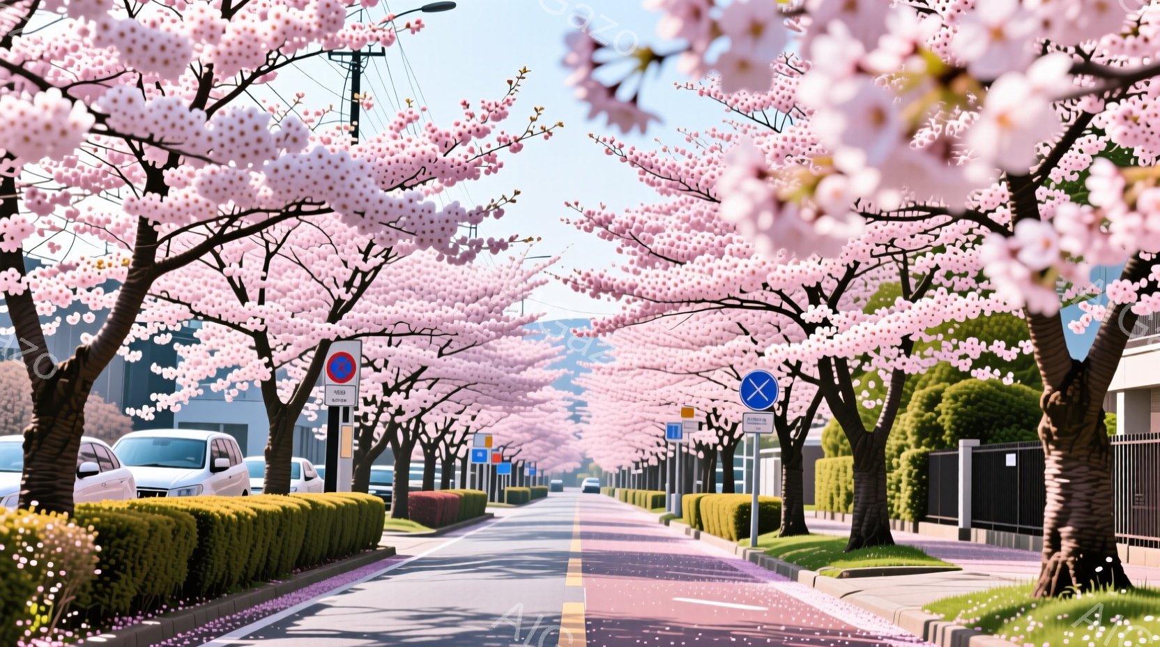 桜並木が続く道路が印象的な風景です。ピンク色の桜の花が咲き誇り、道路の両側には緑豊かな低木が植えられています。遠くには建物が見え、晴天の下、春の暖かな雰囲気が漂っています。