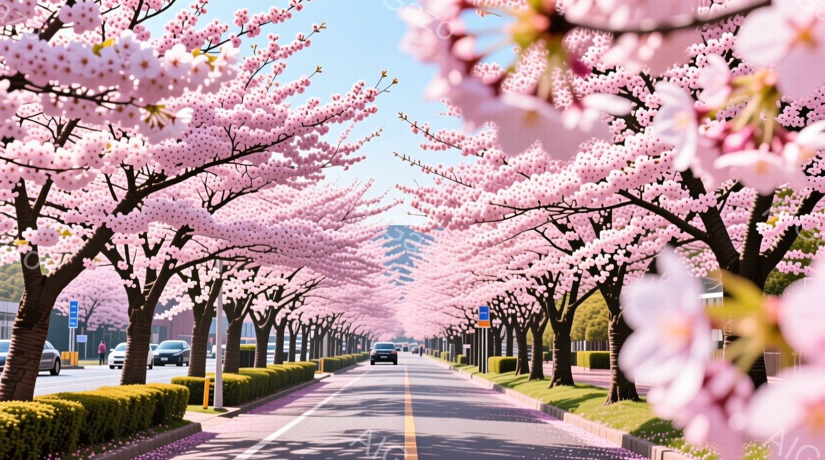 桜並木が続く道路が写っており、満開の桜の花びらが空を覆っているように見える。道路の中央には黄色いセンターラインが引かれ、両脇には緑の低木が整然と並び、背景には山並みがぼんやりと見える穏やかな春の日の風 - AI生成フリー素材