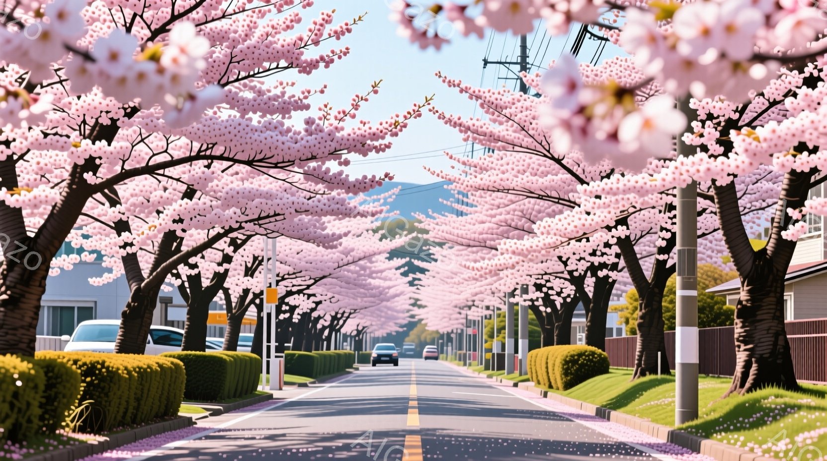 道路の両脇に桜並木が咲き誇り、ピンク色のトンネルが形成されている。白い車が数台、道路を走っており、背景には住宅と遠くの山々が見える、晴れた日の穏やかな春の風景だ。全体的に、暖かく、希望に満ちた、春の訪れを感じさせる雰囲気である。
