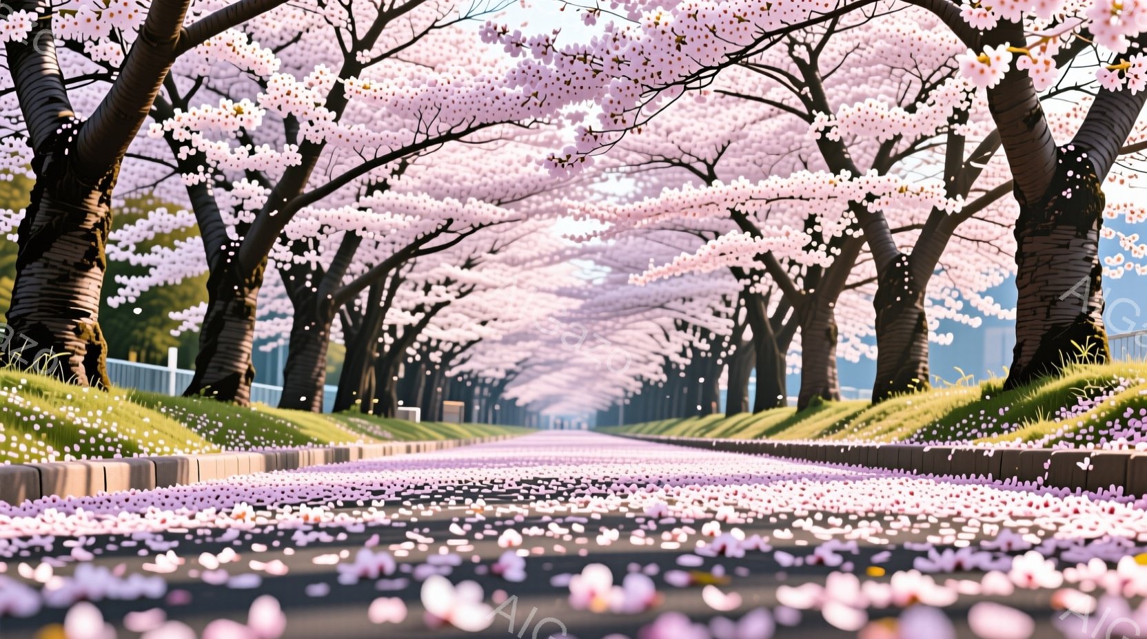 桜並木が続く道が描かれており、地面は桜の花びらで覆われています。左右に整然と並んだ桜の木は満開で、そのトンネルのような空間は春の暖かさと穏やかさを感じさせます。背景にはぼんやりと建物が見え、晴天の下、春の訪れを告げる美しい風景です。
