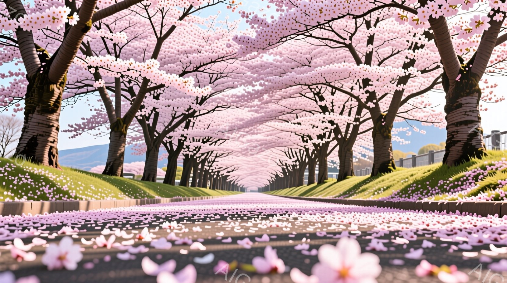 桜並木が続く道が描かれており、地面には散った桜の花びらが敷き詰められています。空は晴れ、穏やかな春の日の光が桜並木を照らし、鮮やかなピンク色が目に飛び込んできます。遠くには緑の丘が見え、全体的に暖かく - AI生成フリー素材