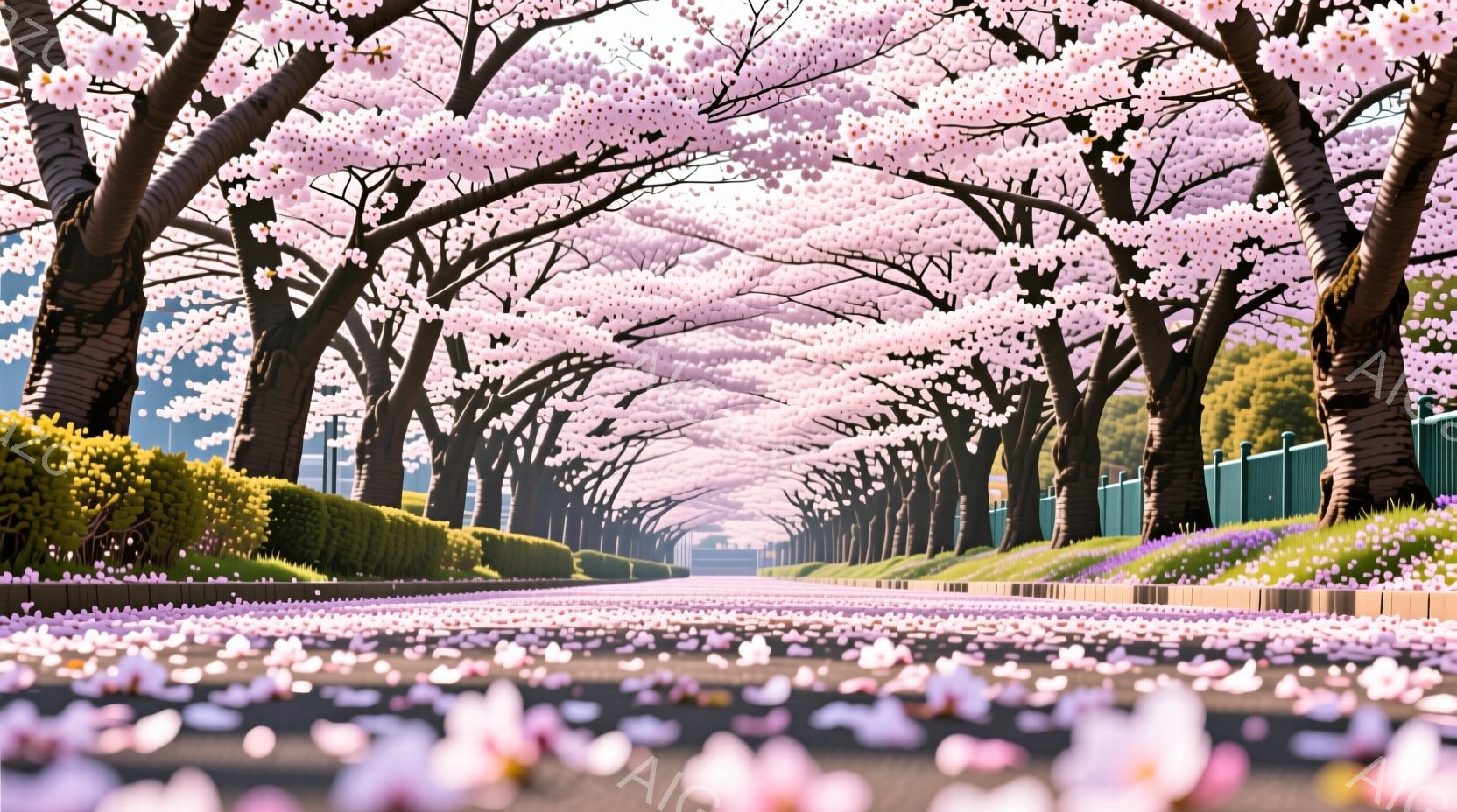 満開の桜並木が続く道が描かれており、地面は桜の花びらで埋め尽くされています。両脇には緑の生垣と紫色の花壇があり、遠くには建物が見えますが、ぼやけており焦点が合っていません。全体的に、春の暖かさと優雅さを感じさせる、穏やかで美しい光景です。
