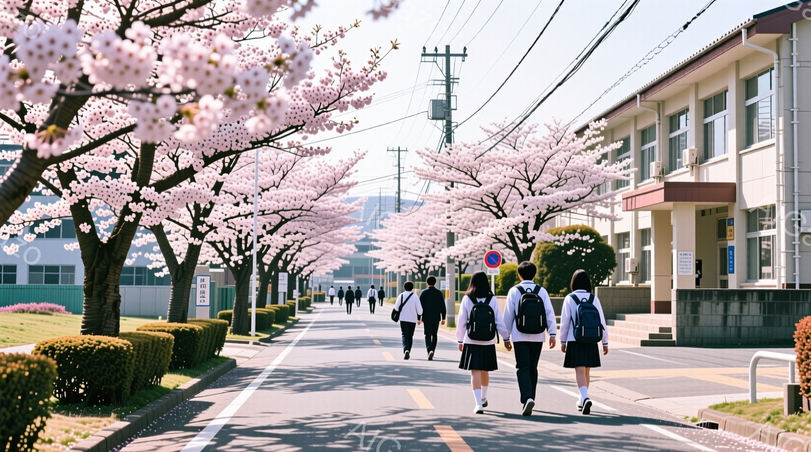 制服を着た学生たちが校門から続く桜並木を歩いている様子が写っている。紺色のブレザーとチェックのスカートを着用し、リュックを背負っている生徒たちは、後ろ姿のみで表情はわからないが、歩調は揃っている。背景 - AI生成フリー素材
