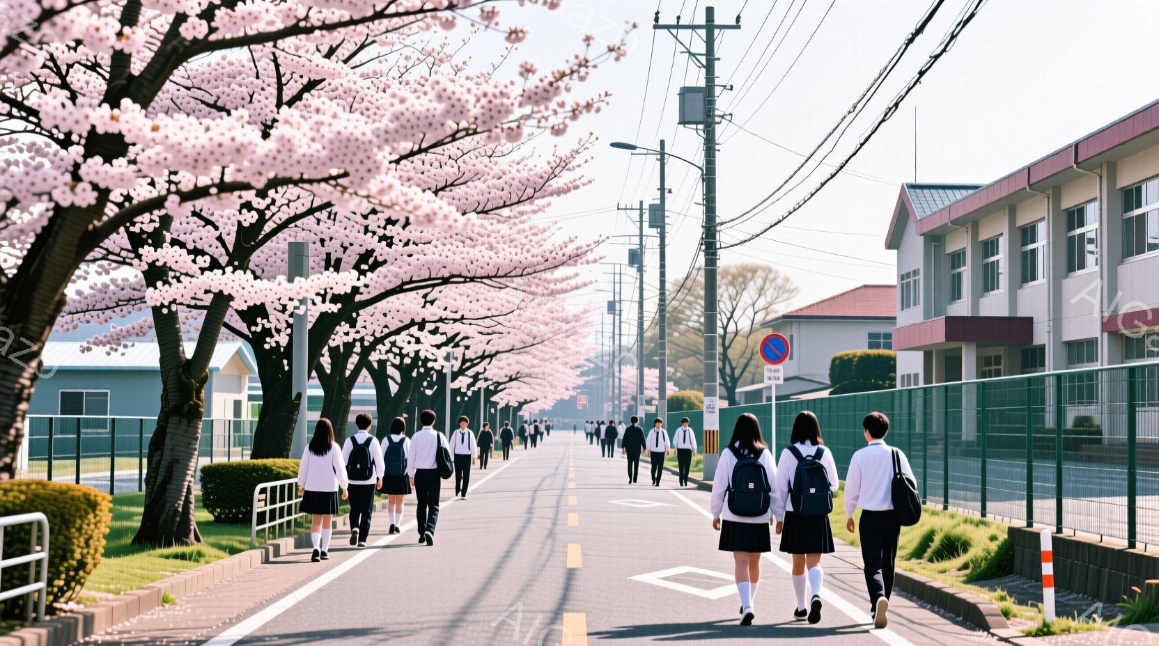 制服を着た学生たちが並木道を歩いている様子が描かれている。紺色のブレザーに白シャツ、スカートまたはズボンを履き、リュックサックを背負っている生徒たちは、皆後ろ姿で表情ははっきりしないが、活気のある学校 - AI生成フリー素材