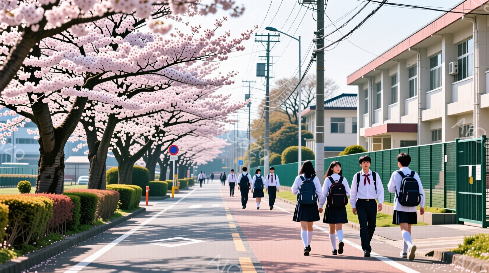 制服を着た学生たちが道路を歩いている様子が写っています。紺色のブレザーにスカート、またはズボンを着用し、赤いネクタイやリボンがアクセントになっています。背景には桜並木が咲き誇り、春の穏やかな陽気を感じ - AI生成フリー素材