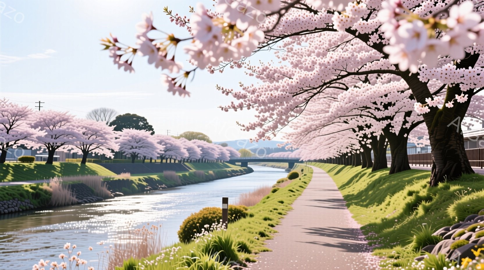 日本語で書かれたデスクトップ画面として使用される可能性があります。穏やかな風景の中には、河岸に沿って綺麗な木々と草地が広がり、水路を通り抜けるような長い道が走っています。