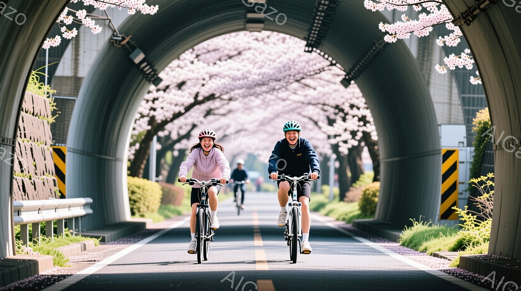 二人の自転車に乗った人が、桜並木のトンネルをまっすぐ走っている。女性は薄いピンク色のトレーナーを着ており、男性は濃い青色のジャケットを着ている。背景には緑豊かな植物と、ぼんやりと見える建物があり、春の穏やかな日差しが感じられる、明るく希望に満ちた雰囲気だ。