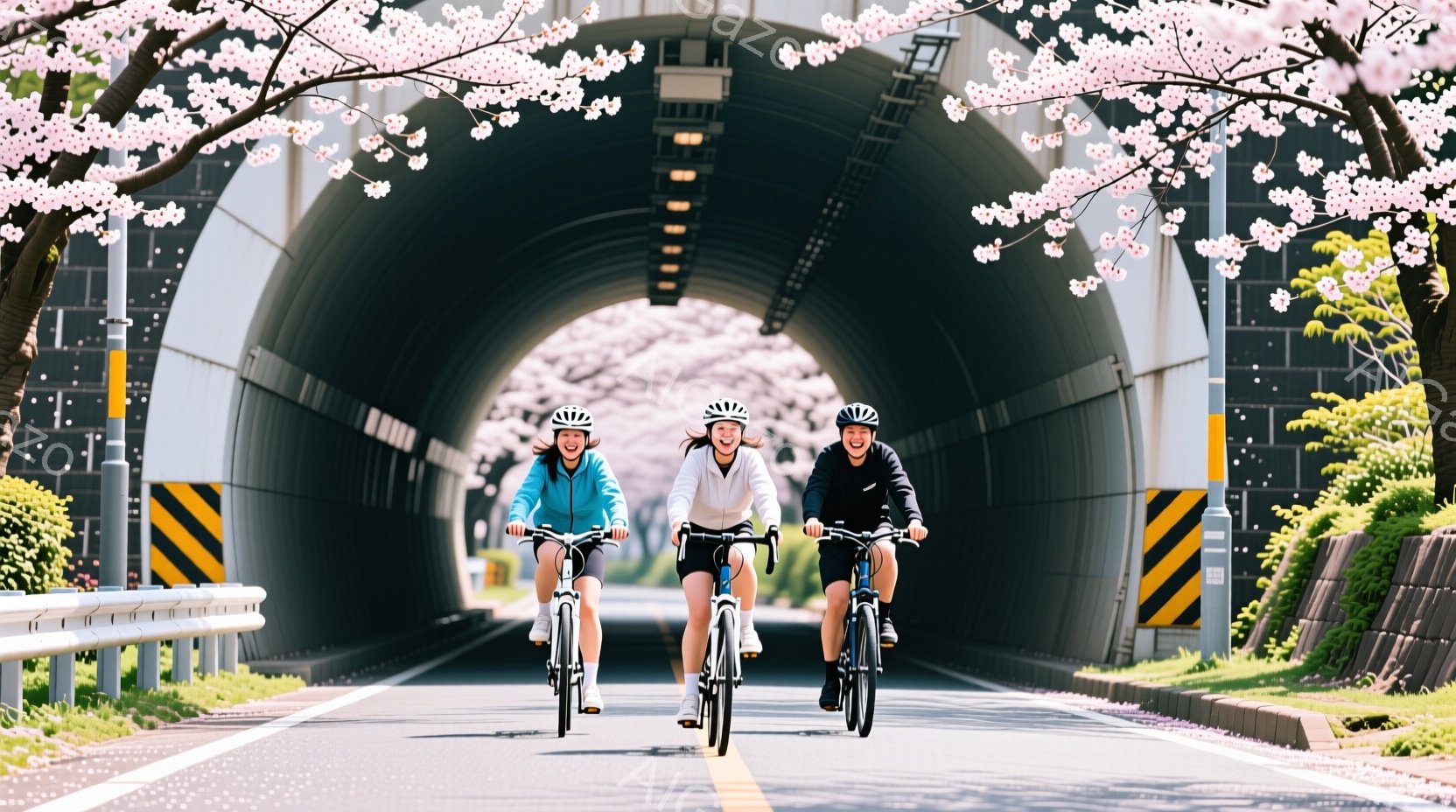 三人の女性が自転車に乗ってトンネルの中を走っている様子が写っている。彼女たちはそれぞれ鮮やかな青、白、黒のスポーツウェアを着ており、ヘルメットを着用している。トンネルの入り口と周囲は桜の花で満開で、春の暖かく明るい雰囲気を醸し出している。